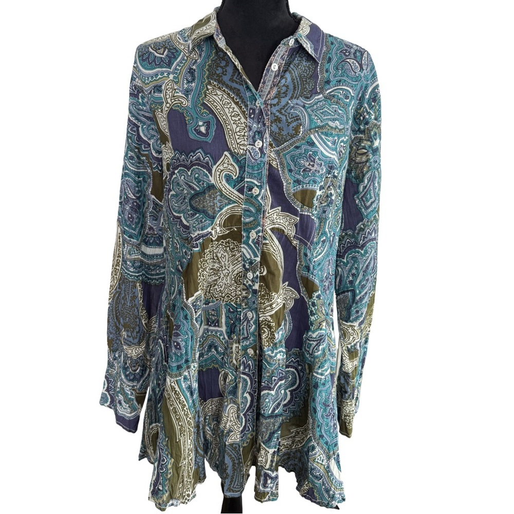 Cino Paisley Crinkled Cotton Button Down Boho Tunic Top XL | 100% Cotton